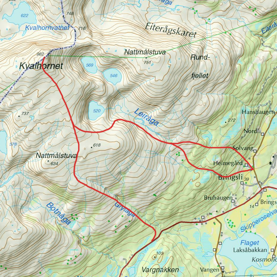 Kart med inntegnet rute til Kvalhornet